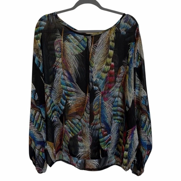 Coco Bianco Tops - Coco Bianco Black Sheer Multicolor Feather Print Blouse/Top  Size L-XL